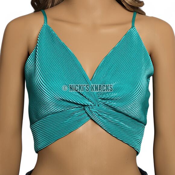 Ro & De Twist Front Ribbed Satin Crop Top Turquoise Festival Y2K Style Size S - Picture 4 of 11